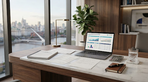 Escritorio profesional de GAD Estudio Contable con vista panorámica y reportes financieros